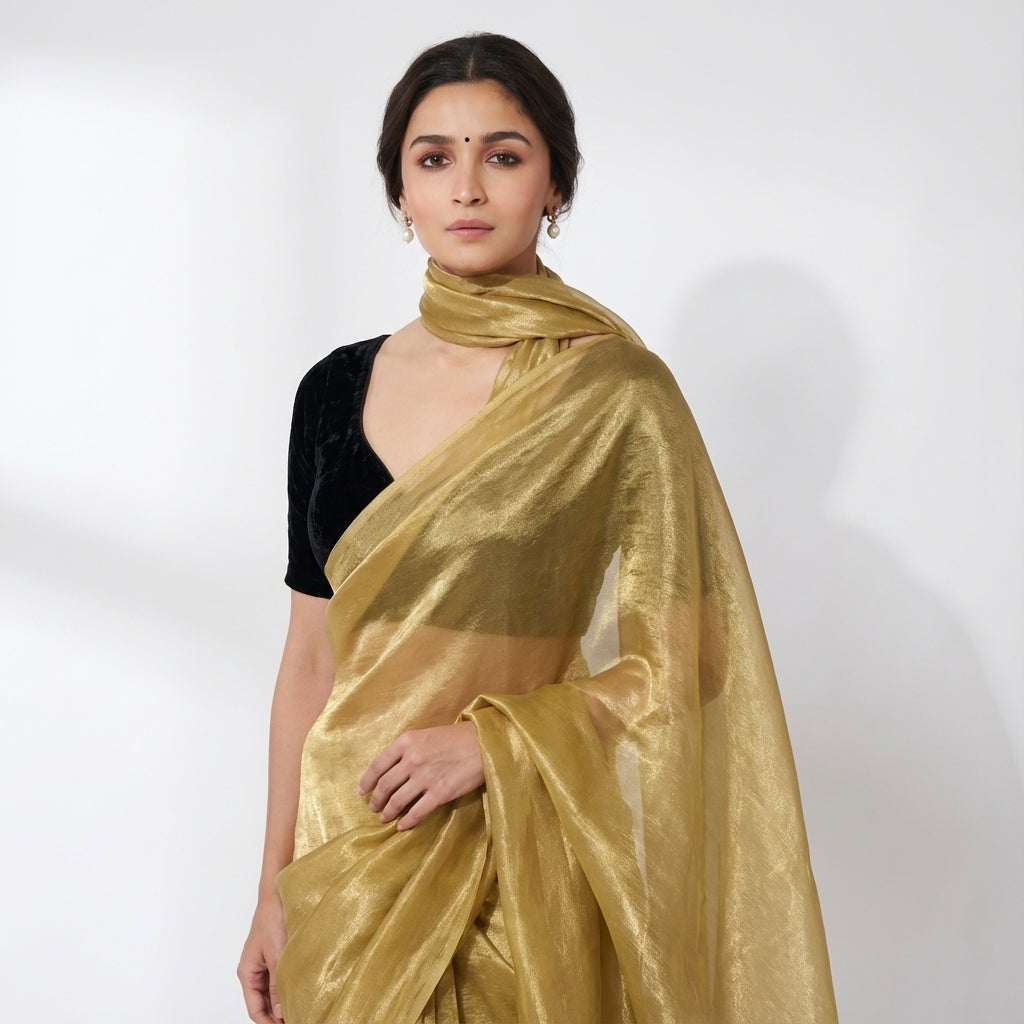 Bronze gold fandy saree paired with velvet blouse for festive ethnic styling