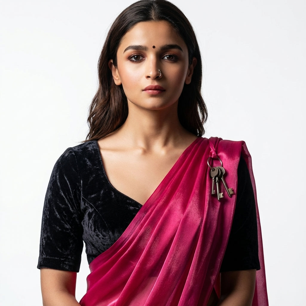 Dark magenta pink fandy saree paired with velvet blouse for festive styling