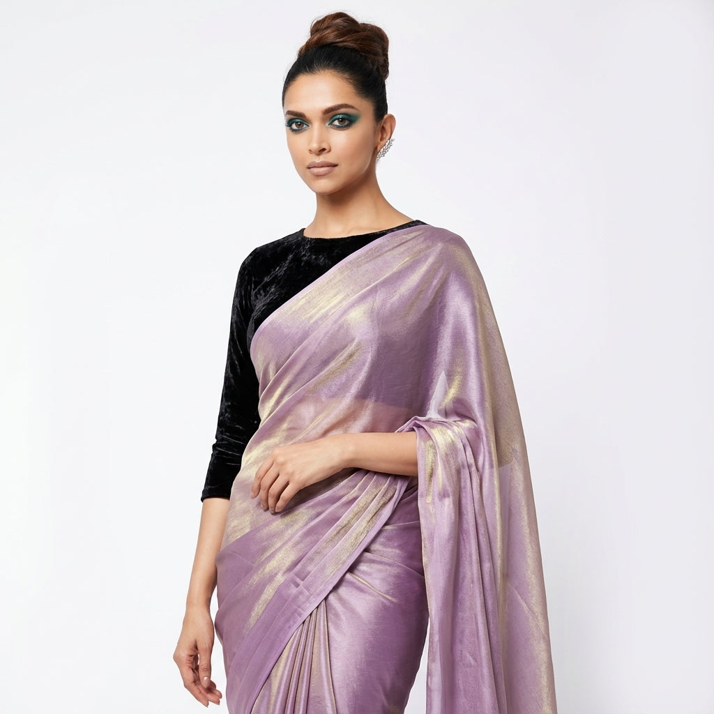 Graceful orchid purple fandy saree paired with velvet blouse fabric