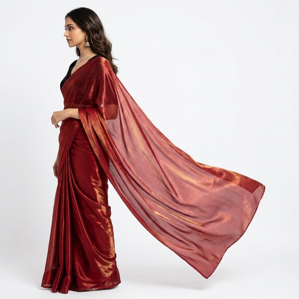 Classic maroon fandy saree styled with rich velvet blouse fabric
