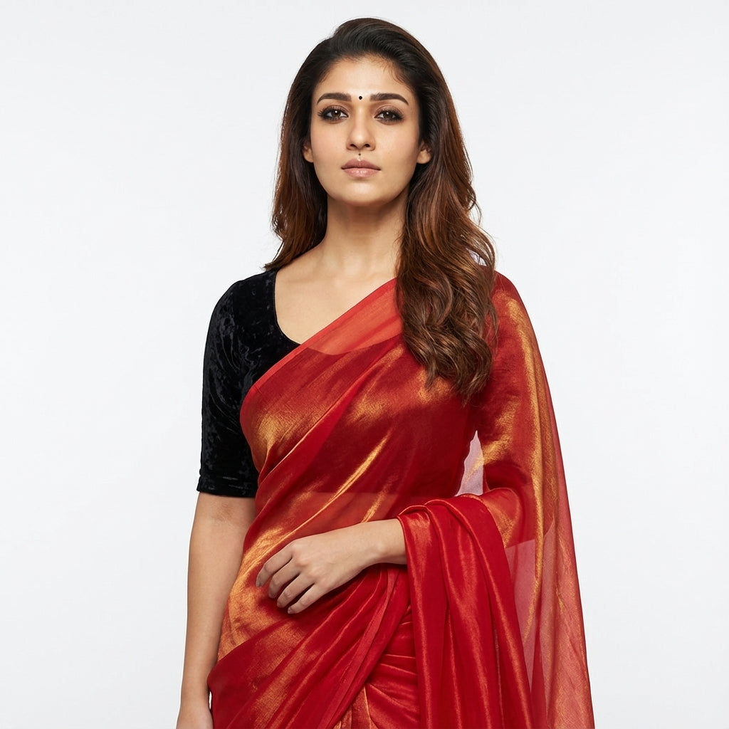 Bold red fandy saree paired with rich velvet blouse fabric