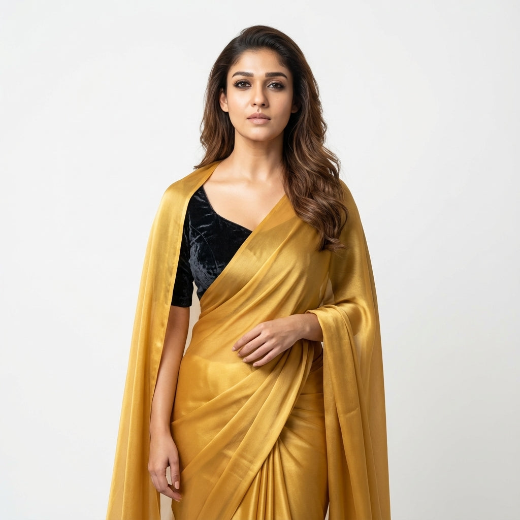 Bright yellow fandy saree styled with velvet blouse for festive look