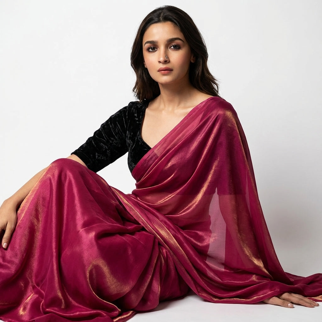 Dark magenta pink fandy saree paired with velvet blouse for festive styling