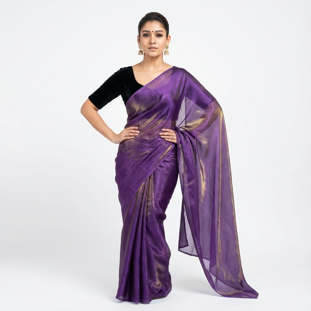 Royal purple fandy saree styled with velvet blouse for elegant ethnic look