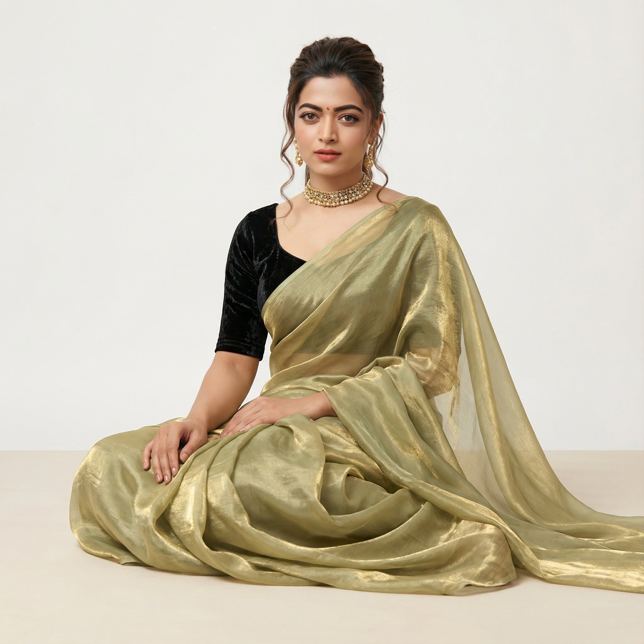 Mint green fandy saree with velvet blouse