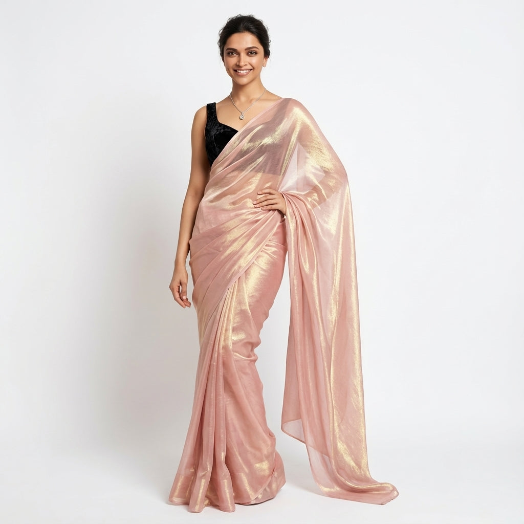 Baby peach pink fandy saree with velvet blouse