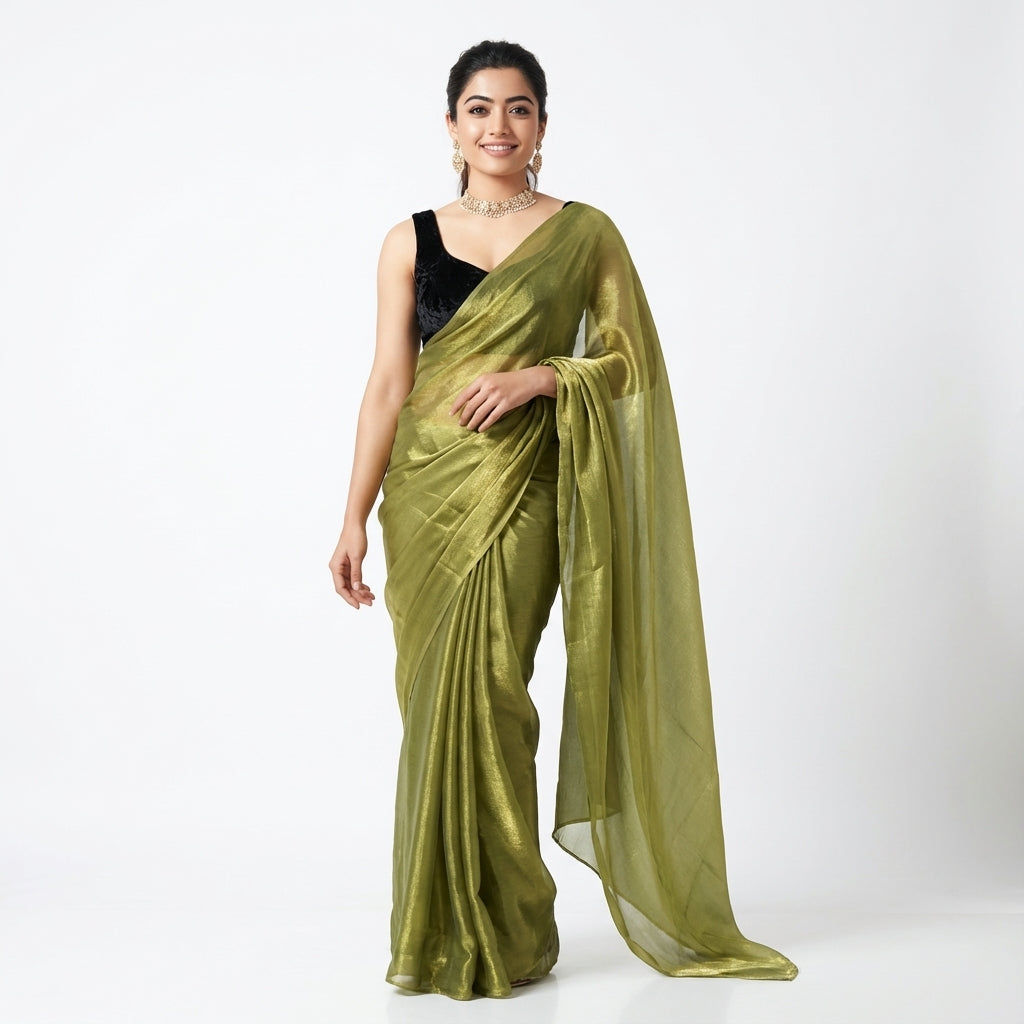 Elegant olive green fandy saree styled with velvet contrast blouse