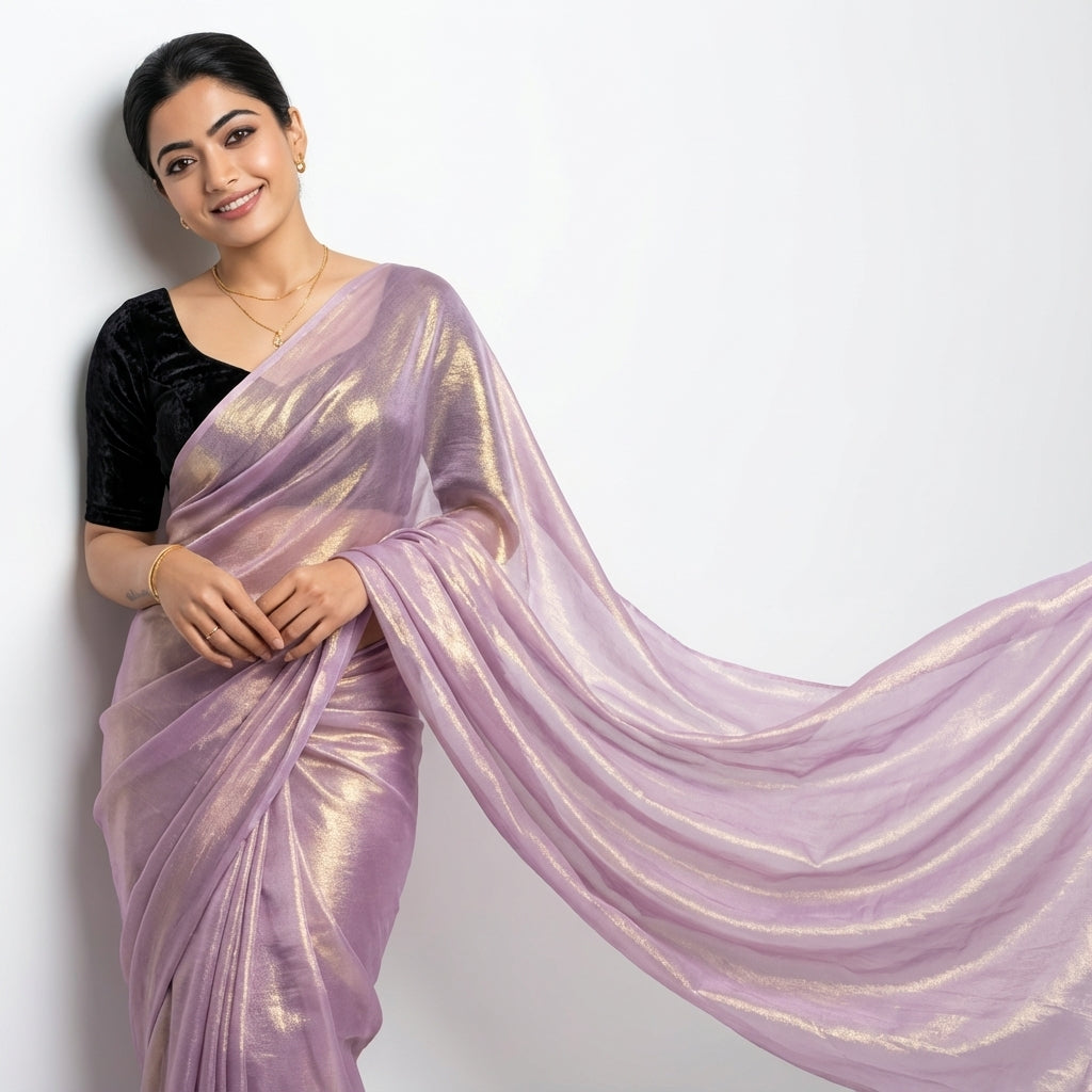 Lavender purple fandy saree with velvet blouse