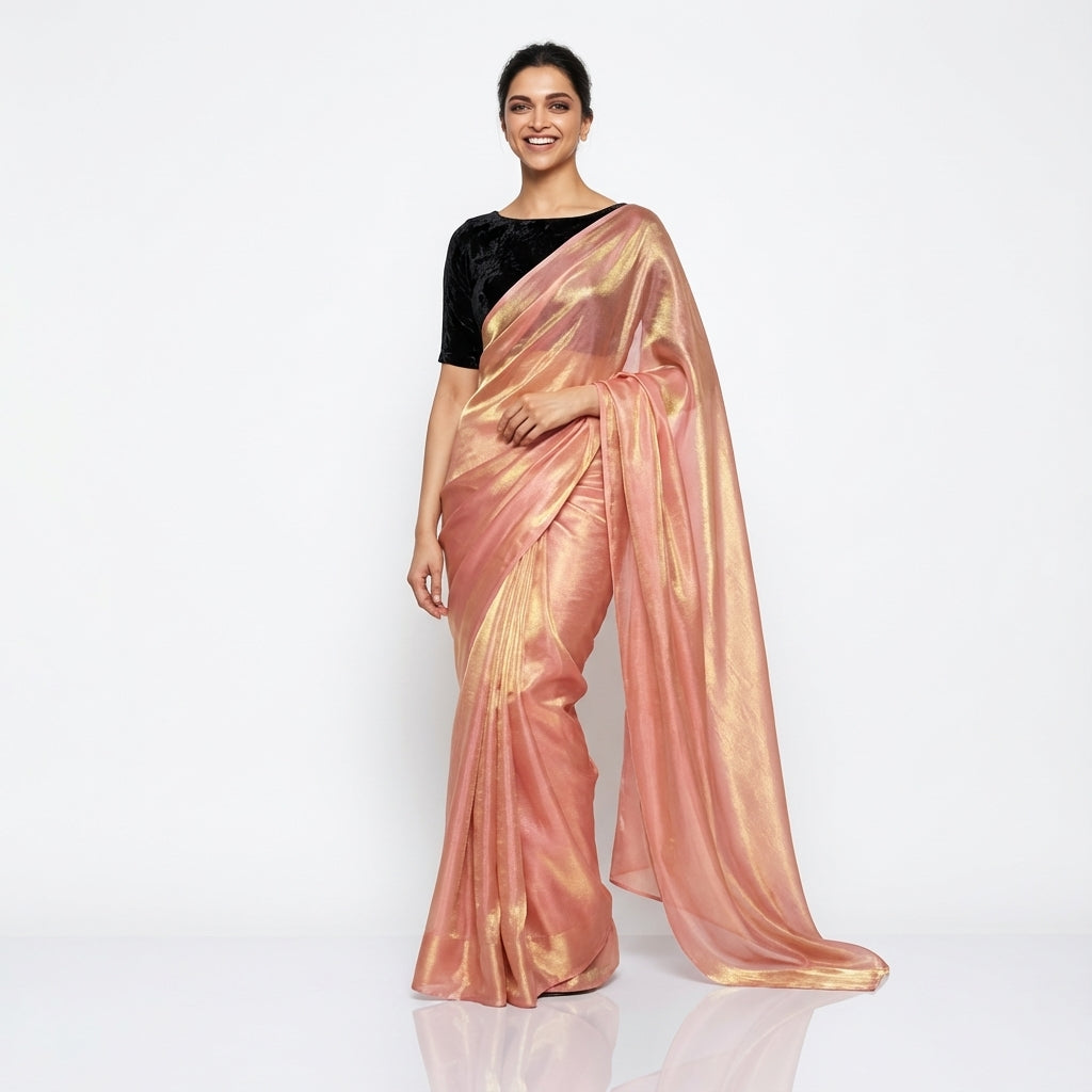Rosy peach fandy saree with velvet blouse