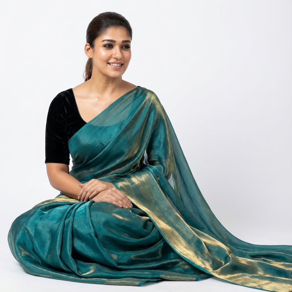 Deep teal fandy saree styled with velvet blouse for elegant ethnic look