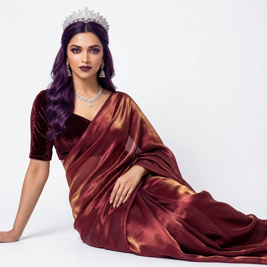Classic maroon fandy saree styled with rich velvet blouse fabric