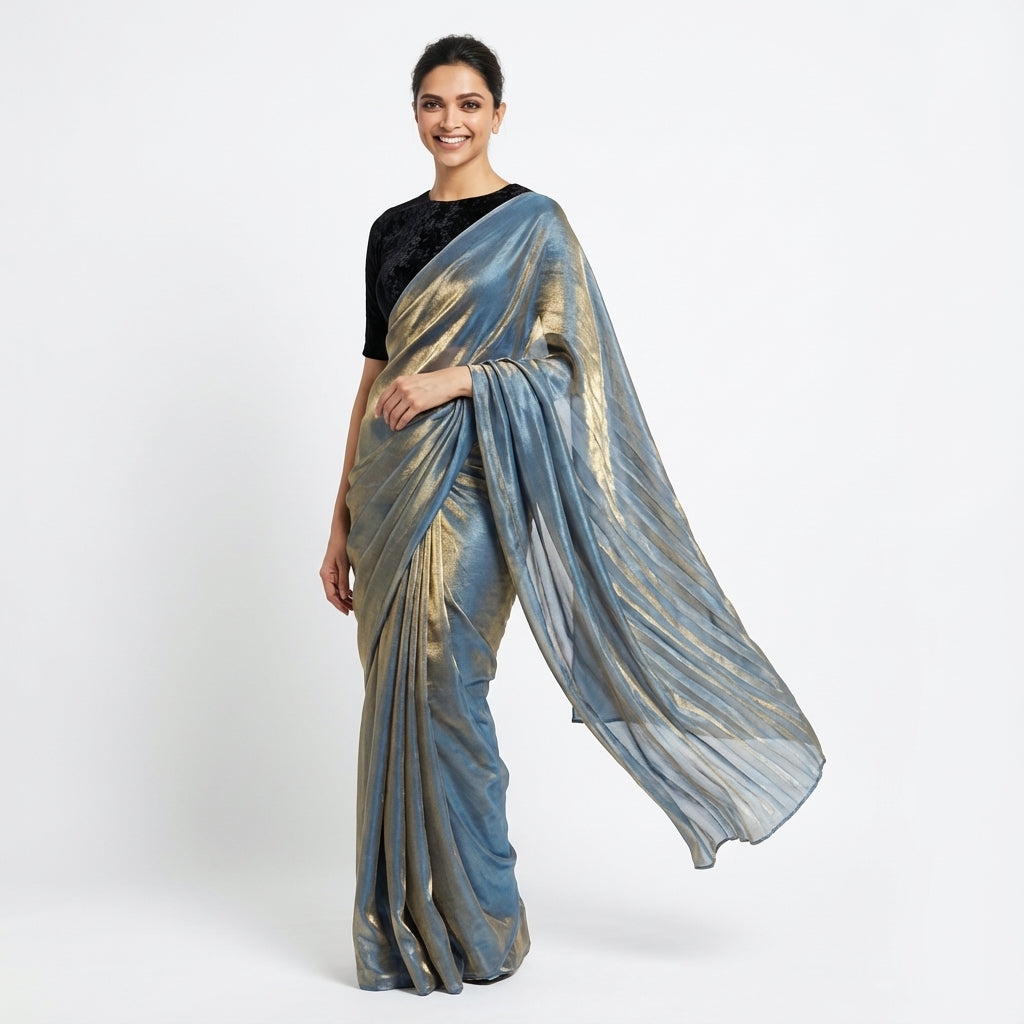 Deep navy blue fandy saree paired with velvet blouse for elegant ethnic styling