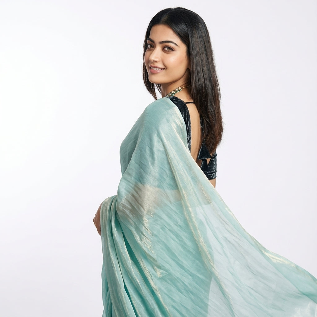 Firozi fandy saree with velvet blouse