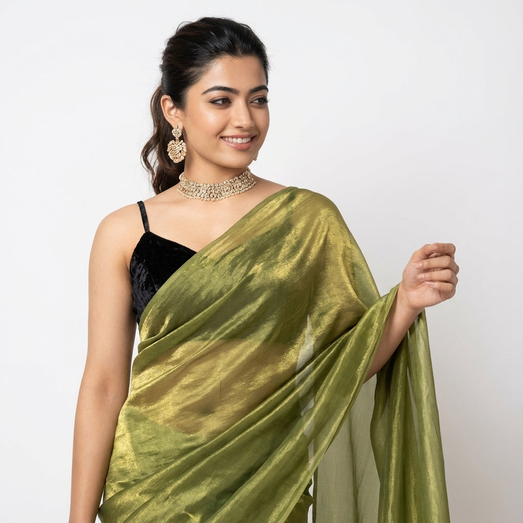 Elegant olive green fandy saree styled with velvet contrast blouse