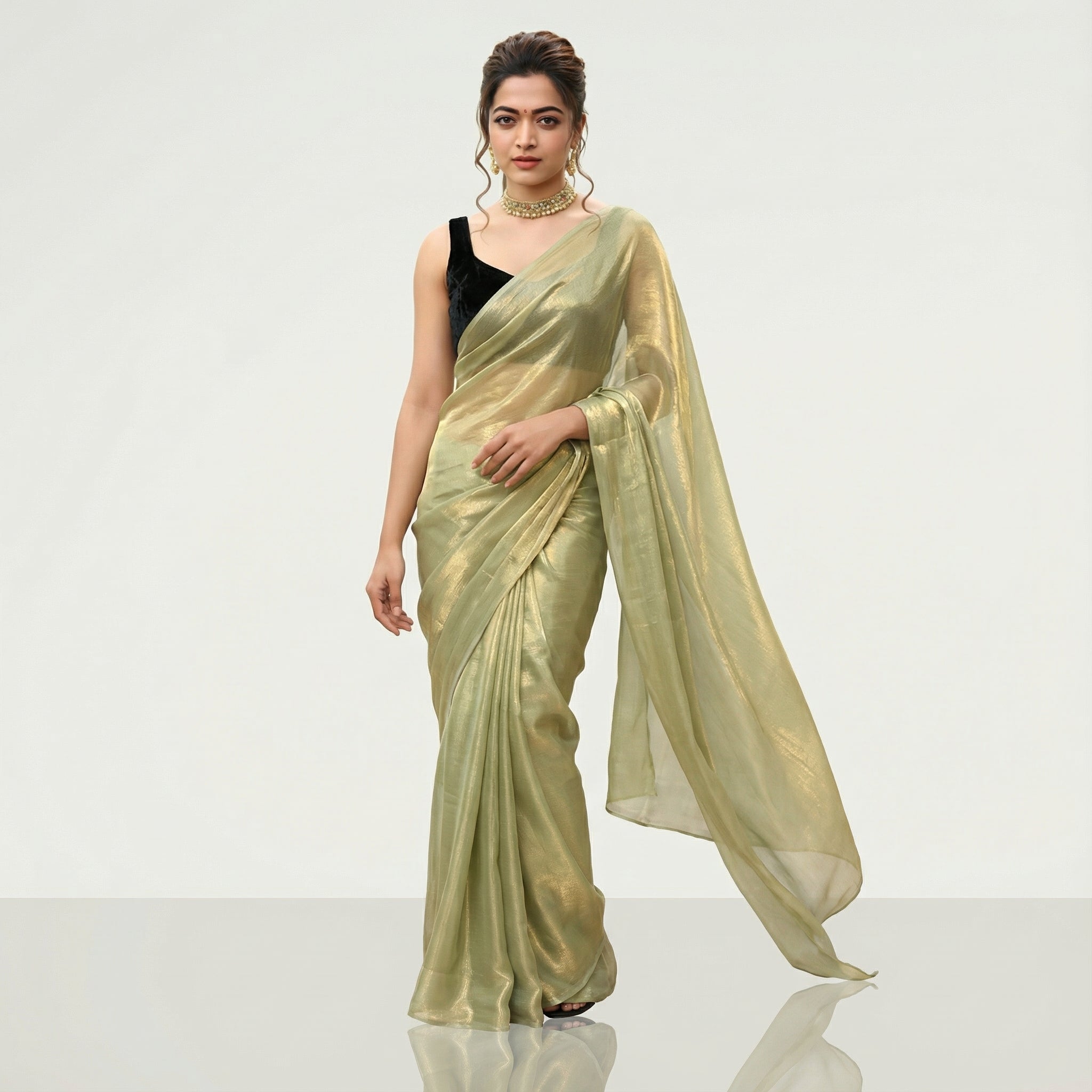 Mint green fandy saree with velvet blouse