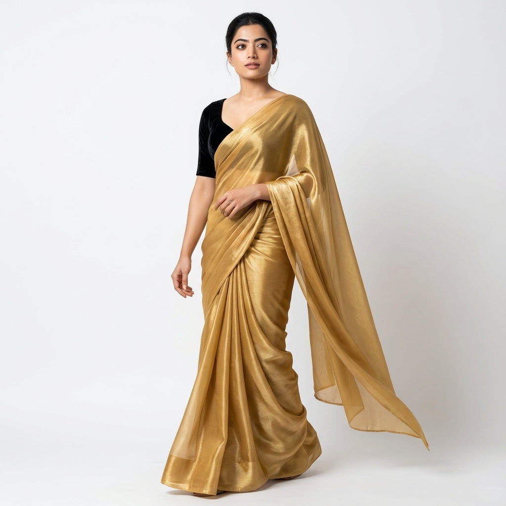 Rich mustard yellow fandy saree styled with velvet contrast blouse