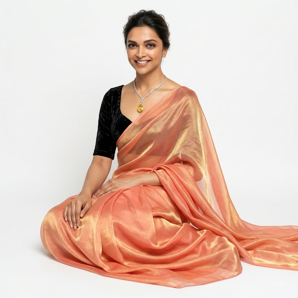 Rosy peach fandy saree with velvet blouse