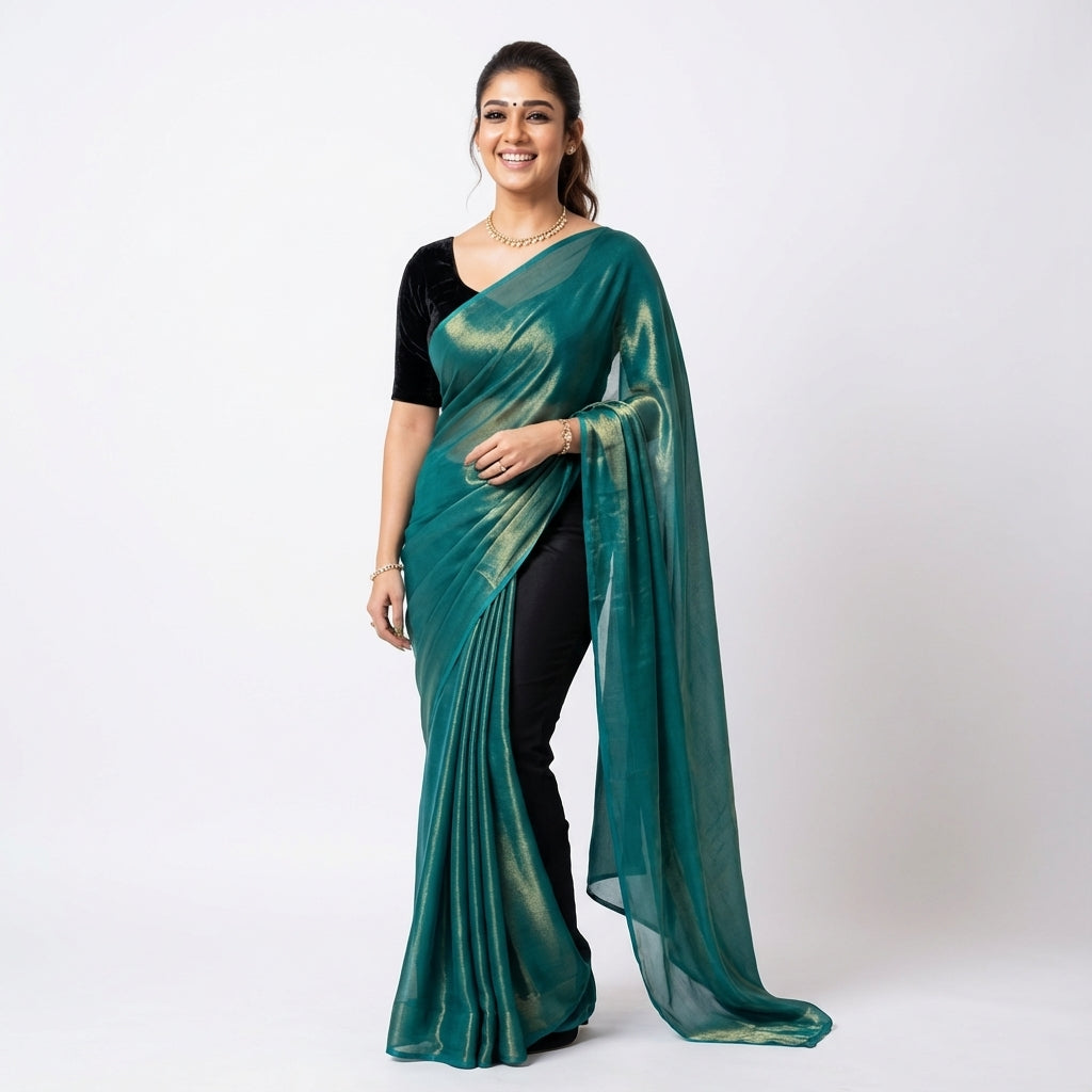 Elegant teal blue fandy saree highlighted with velvet contrast blouse