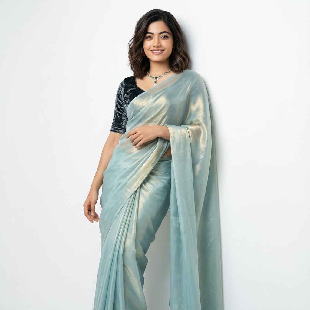 Firozi fandy saree with velvet blouse