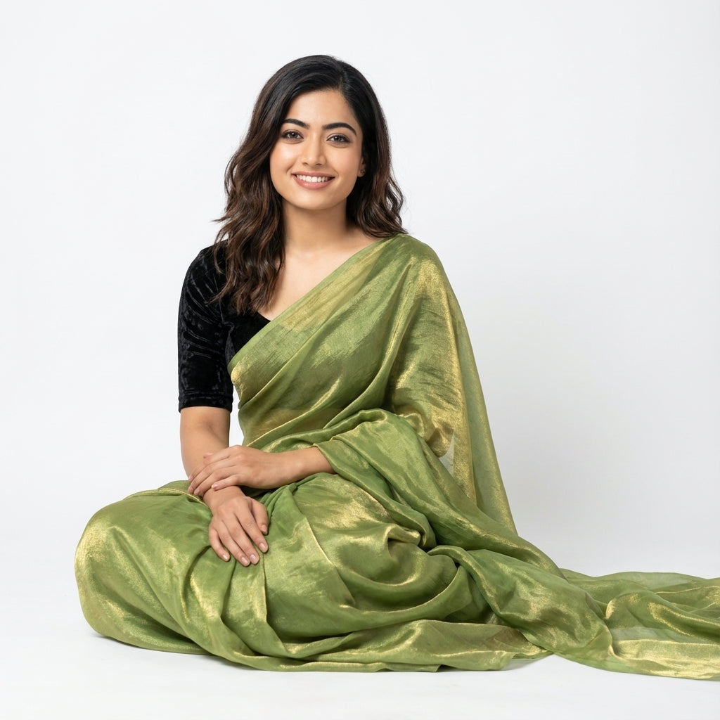 Elegant olive green fandy saree styled with velvet contrast blouse