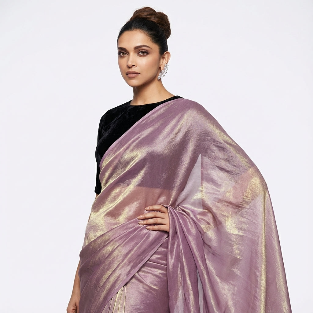 Graceful orchid purple fandy saree paired with velvet blouse fabric
