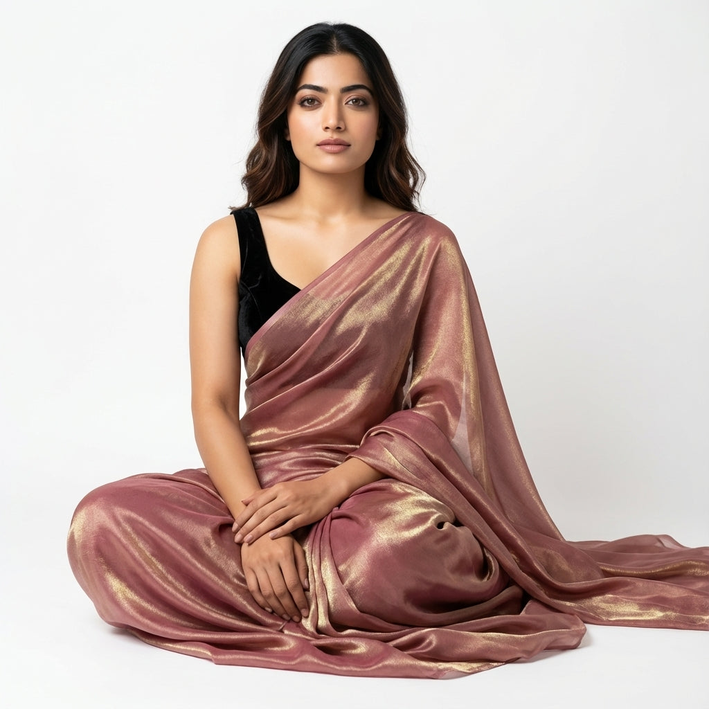 Deep rosewood brown fandy saree with velvet blouse contrast look