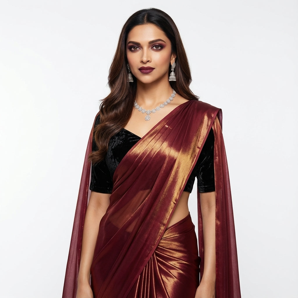 Classic maroon fandy saree styled with rich velvet blouse fabric
