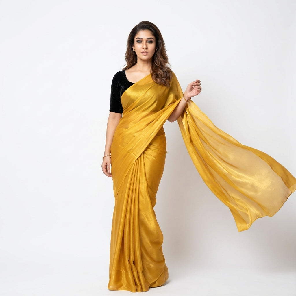 Bright yellow fandy saree styled with velvet blouse for festive look
