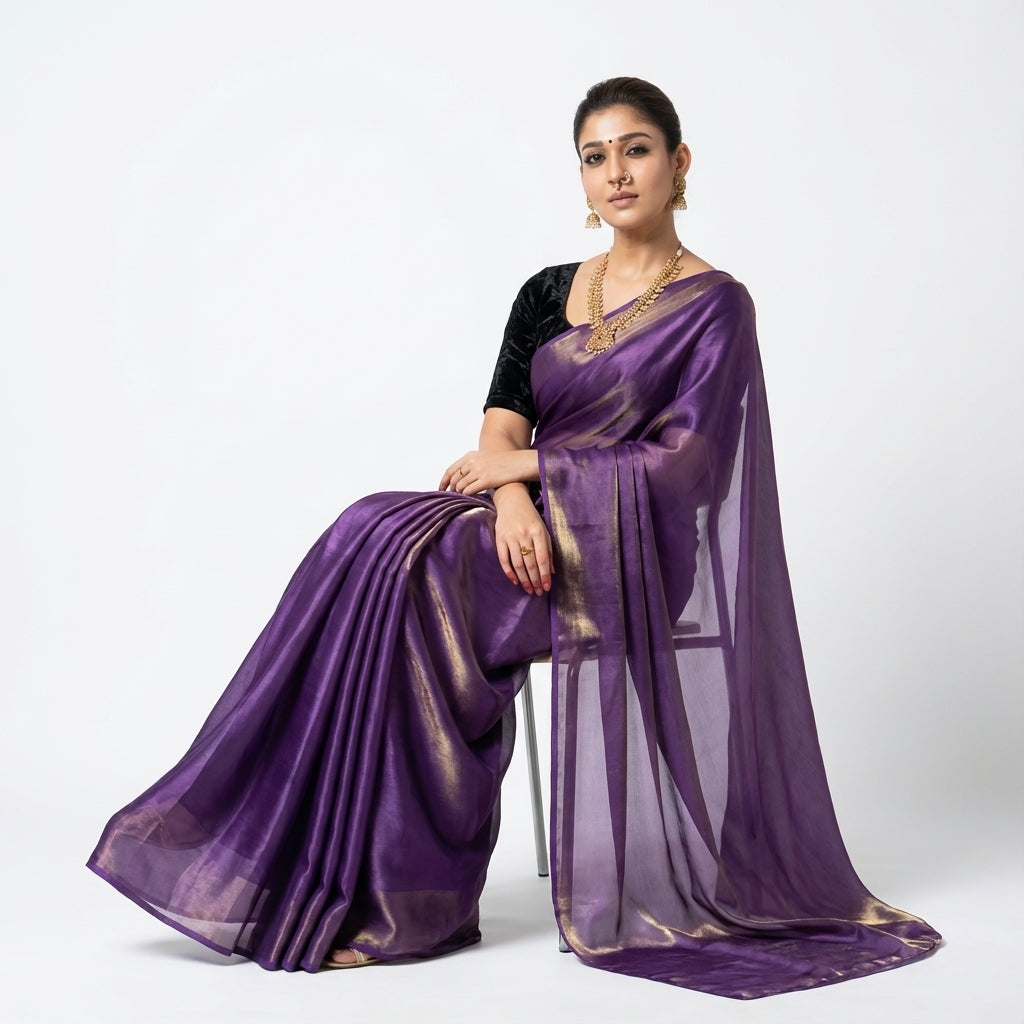 Royal purple fandy saree styled with velvet blouse for elegant ethnic look