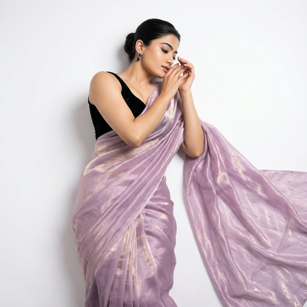Lavender purple fandy saree with velvet blouse