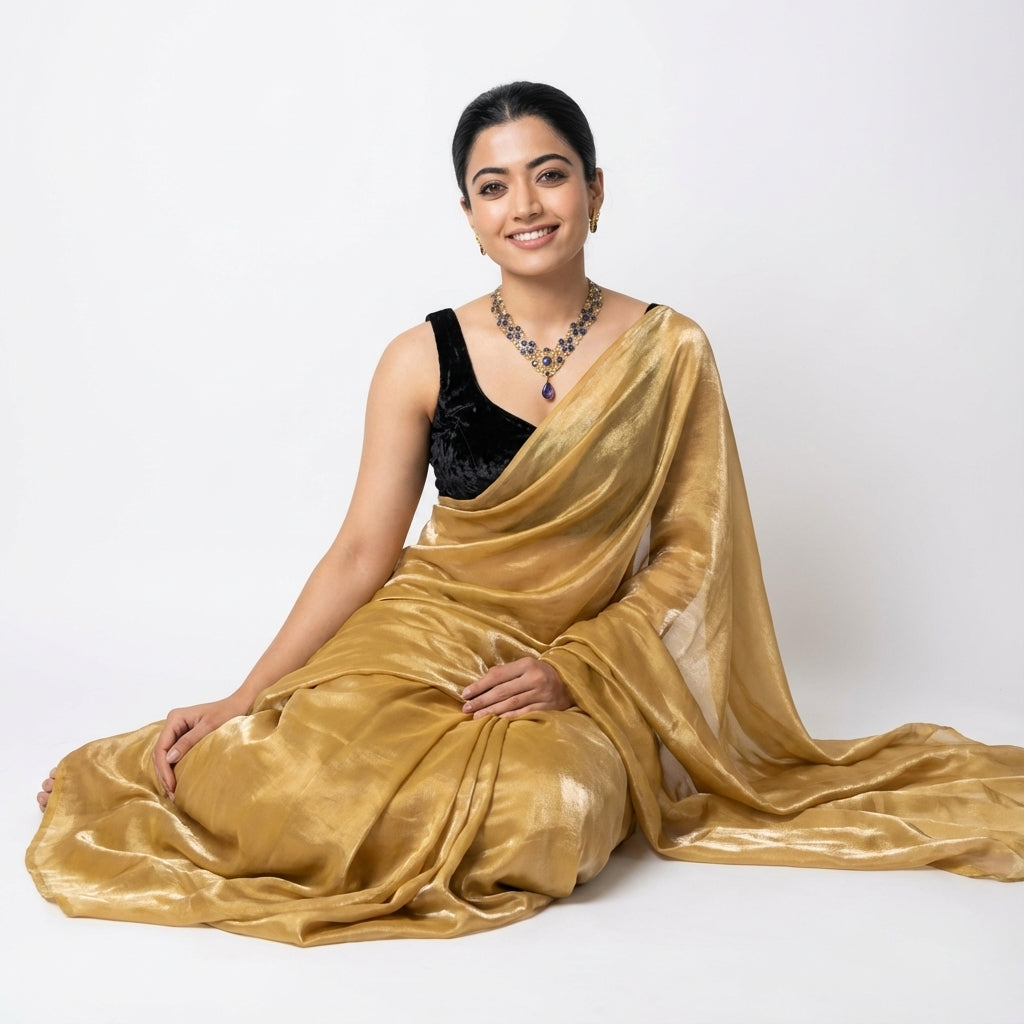 Rich mustard yellow fandy saree styled with velvet contrast blouse