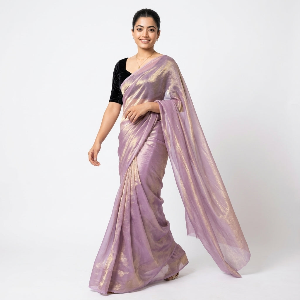 Lavender purple fandy saree with velvet blouse