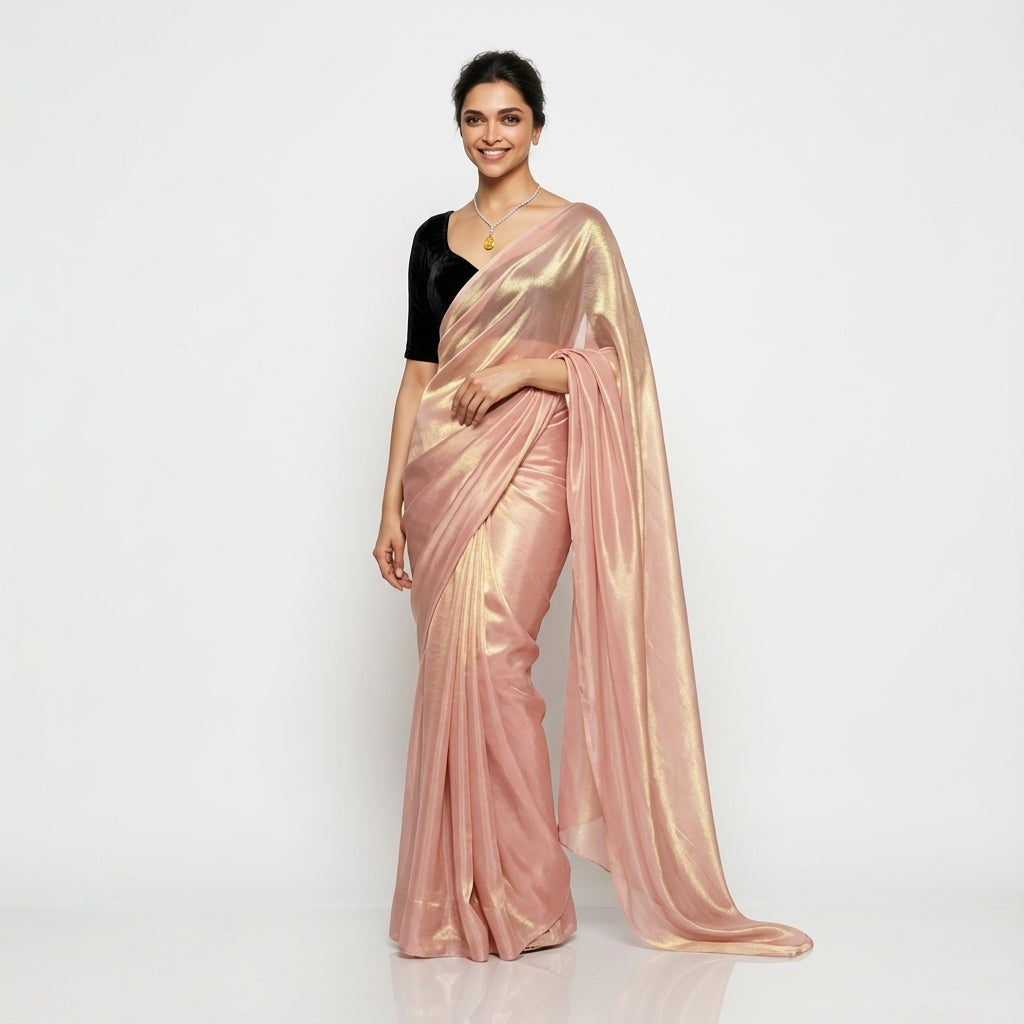 Baby peach pink fandy saree with velvet blouse