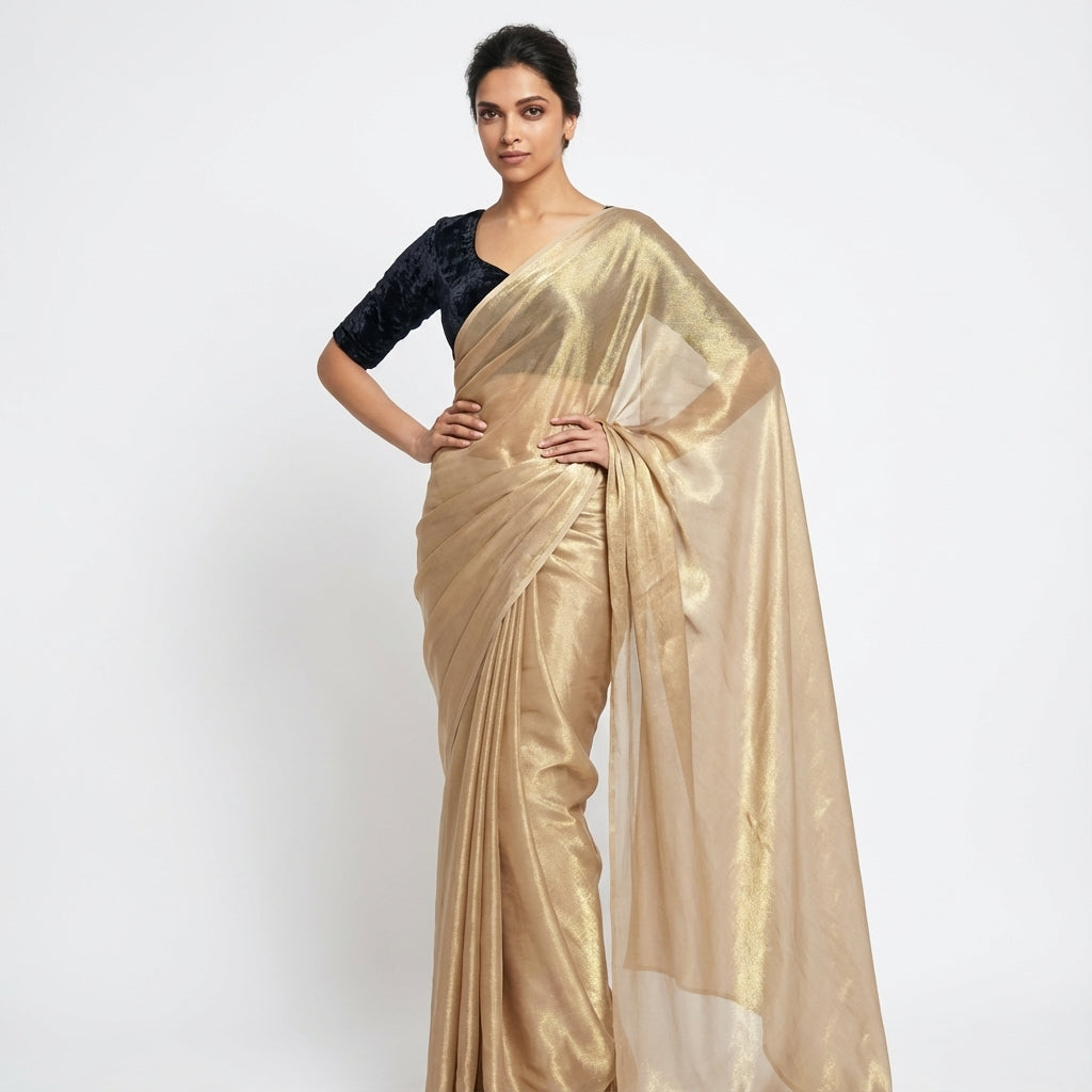 Classic cream fandy saree styled with velvet blouse contrast