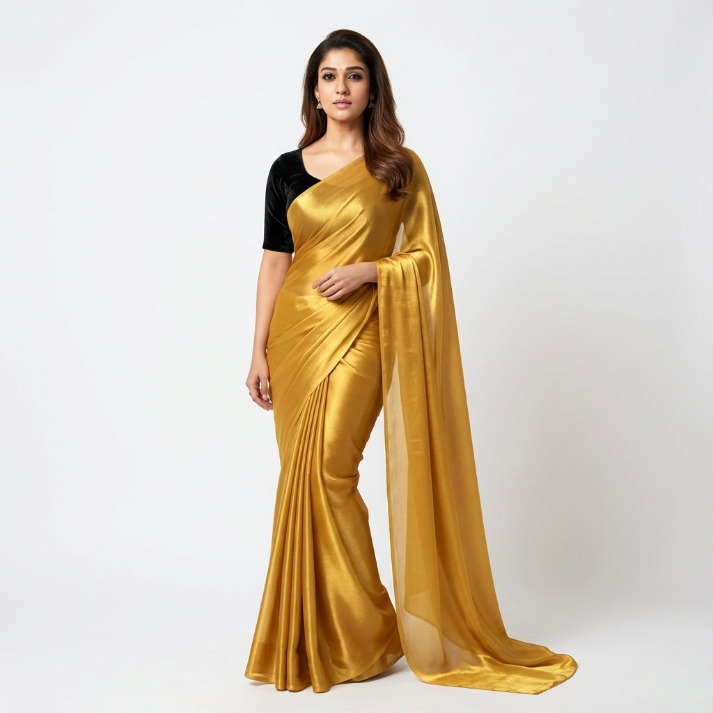 Bright yellow fandy saree styled with velvet blouse for festive look