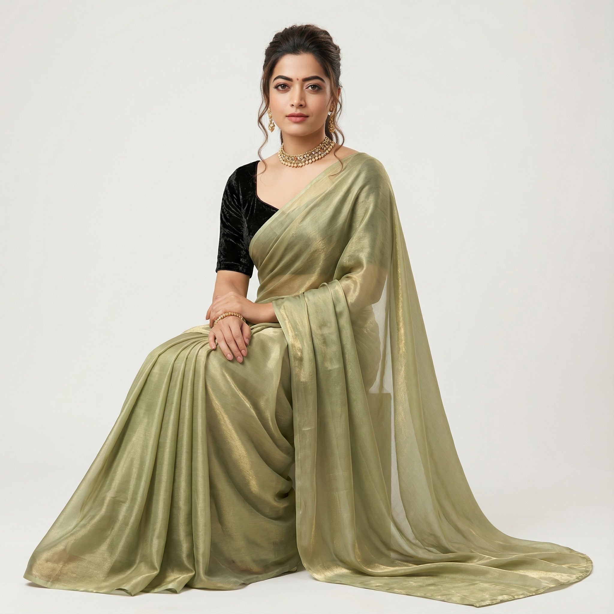 Mint green fandy saree with velvet blouse