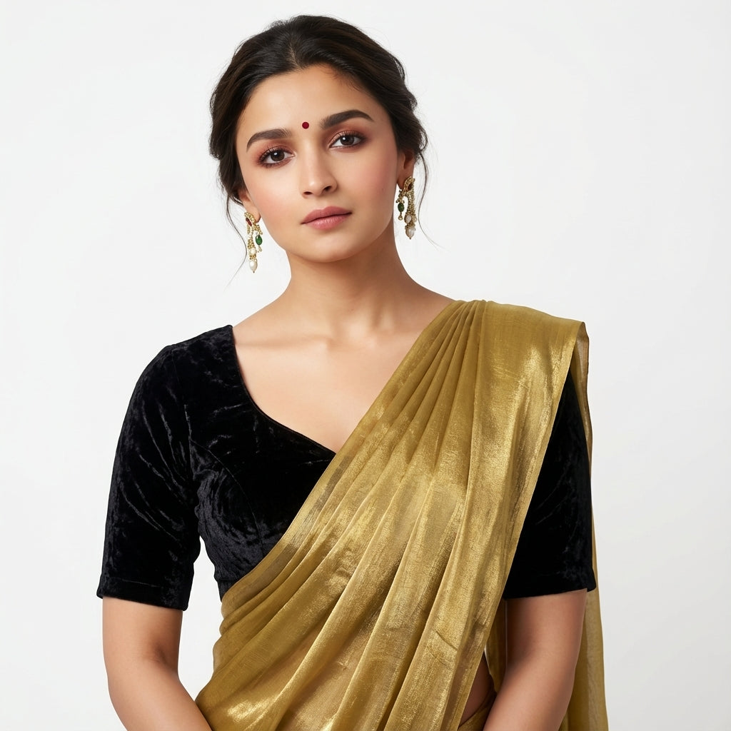 Bronze gold fandy saree paired with velvet blouse for festive ethnic styling