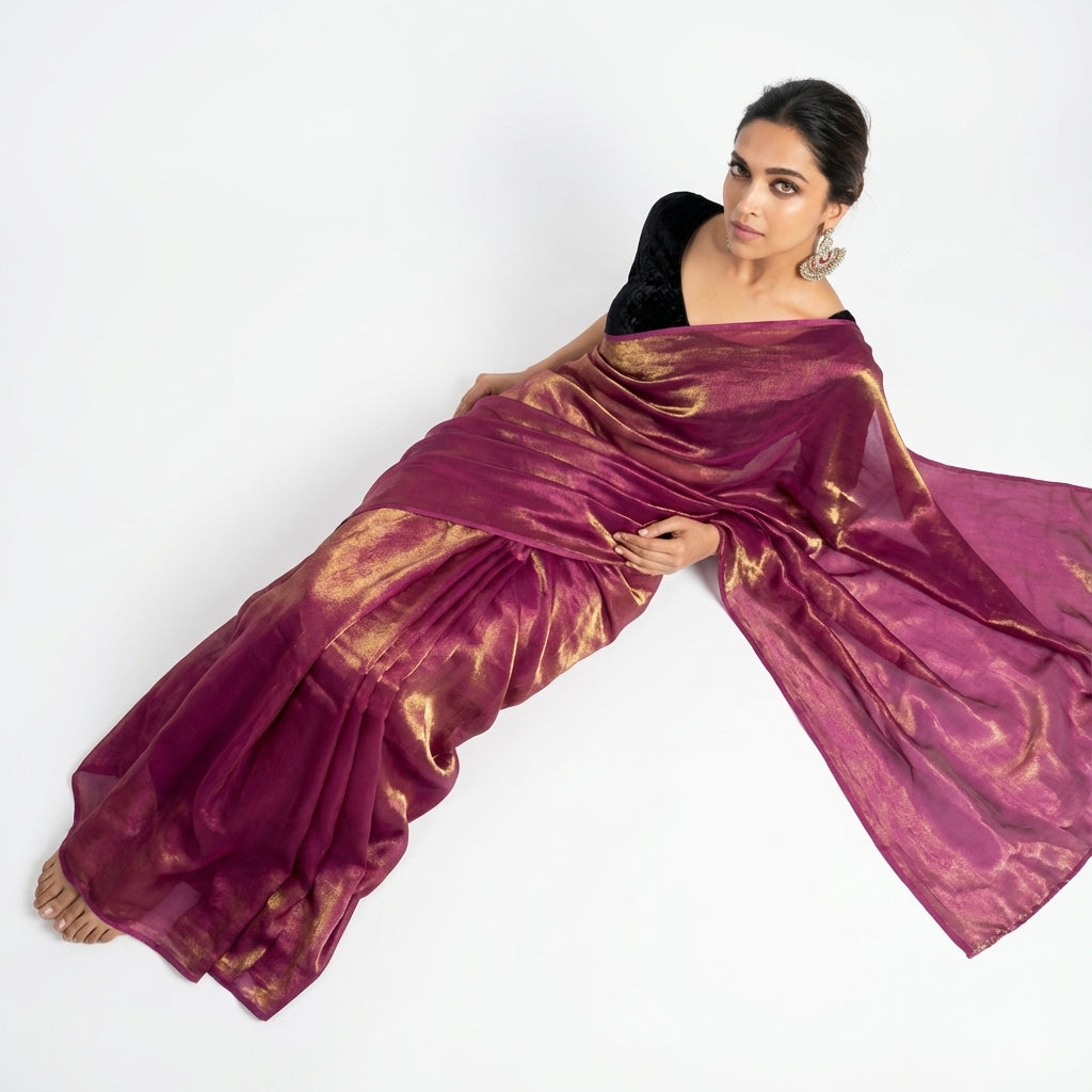 Deep wine fandy saree styled with velvet blouse for rich ethnic look