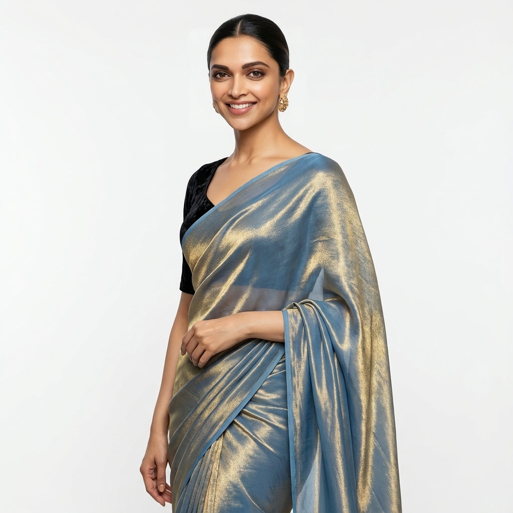 Deep navy blue fandy saree paired with velvet blouse for elegant ethnic styling