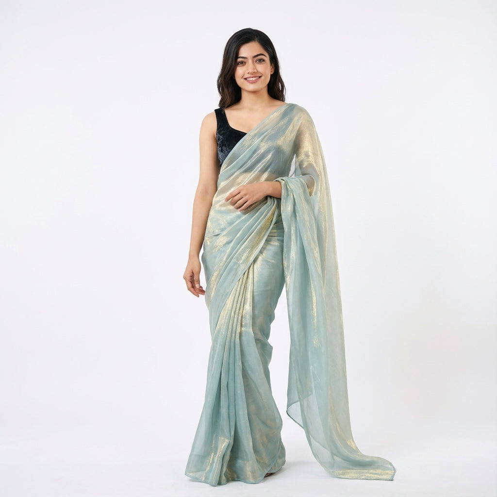 Firozi fandy saree with velvet blouse