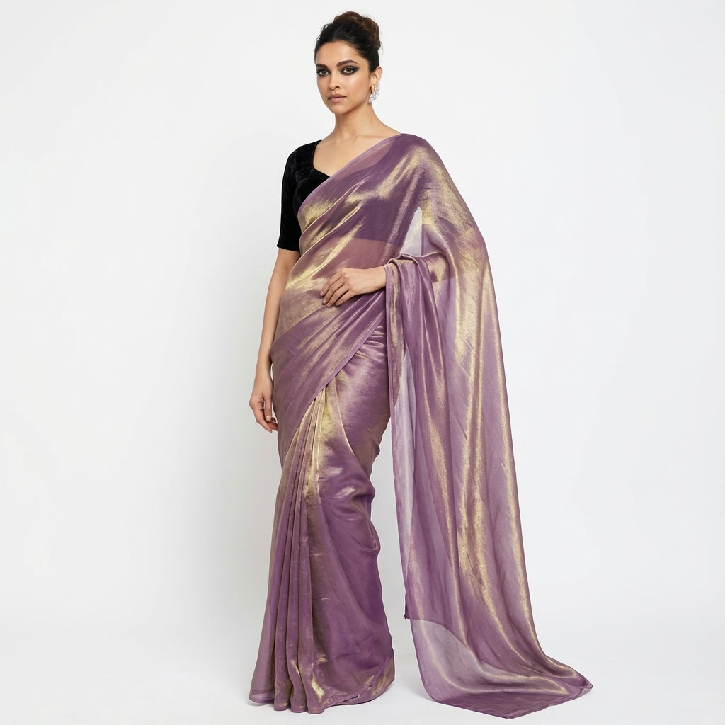 Graceful orchid purple fandy saree paired with velvet blouse fabric