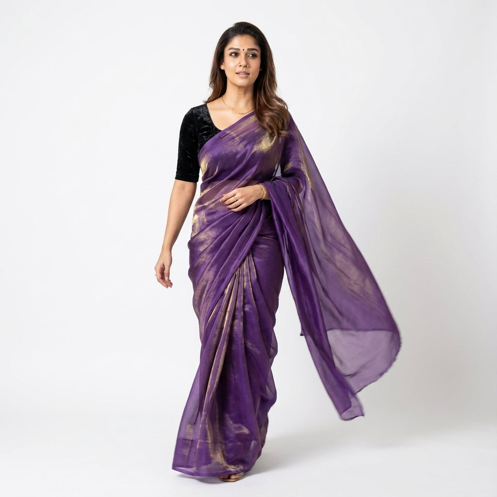 Royal purple fandy saree styled with velvet blouse for elegant ethnic look