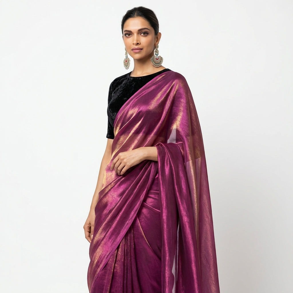 Deep wine fandy saree styled with velvet blouse for rich ethnic look