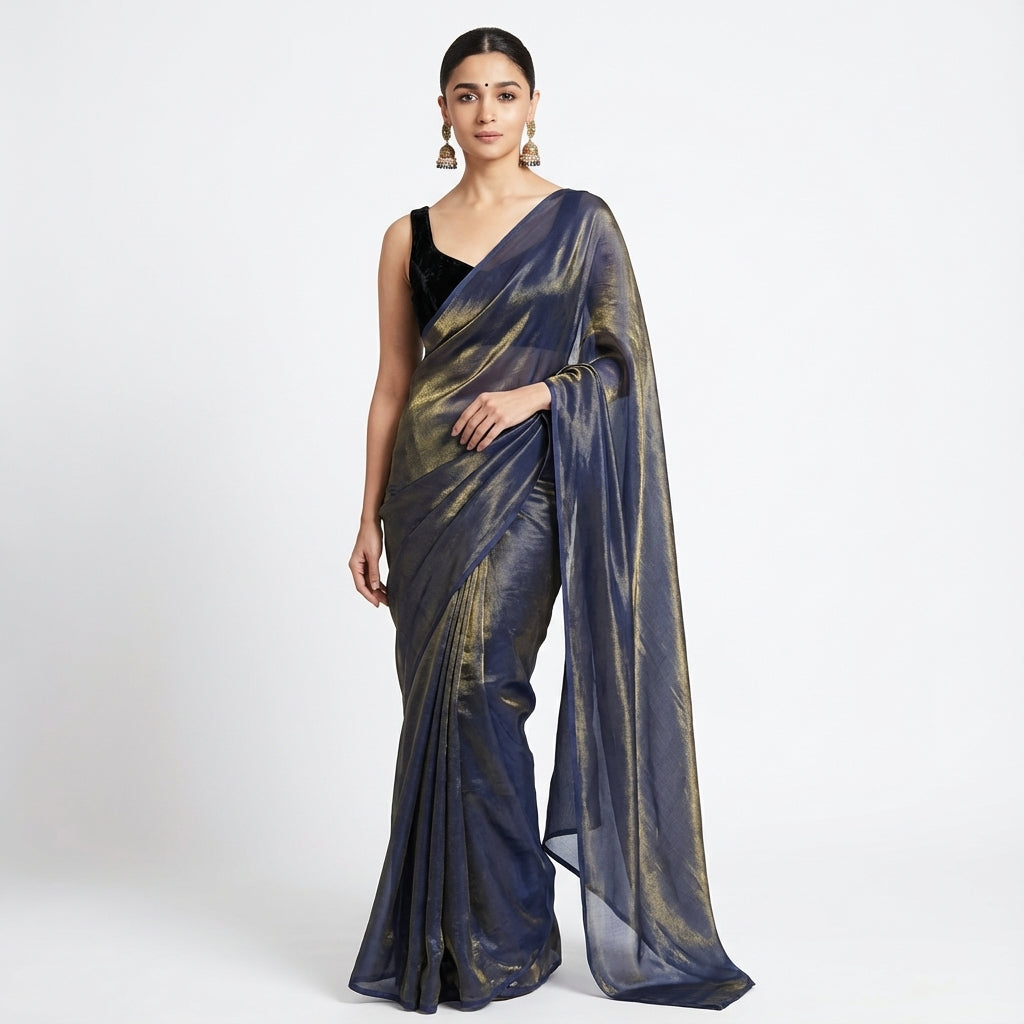 Dusty purple fandy saree styled with velvet blouse for elegant ethnic look
