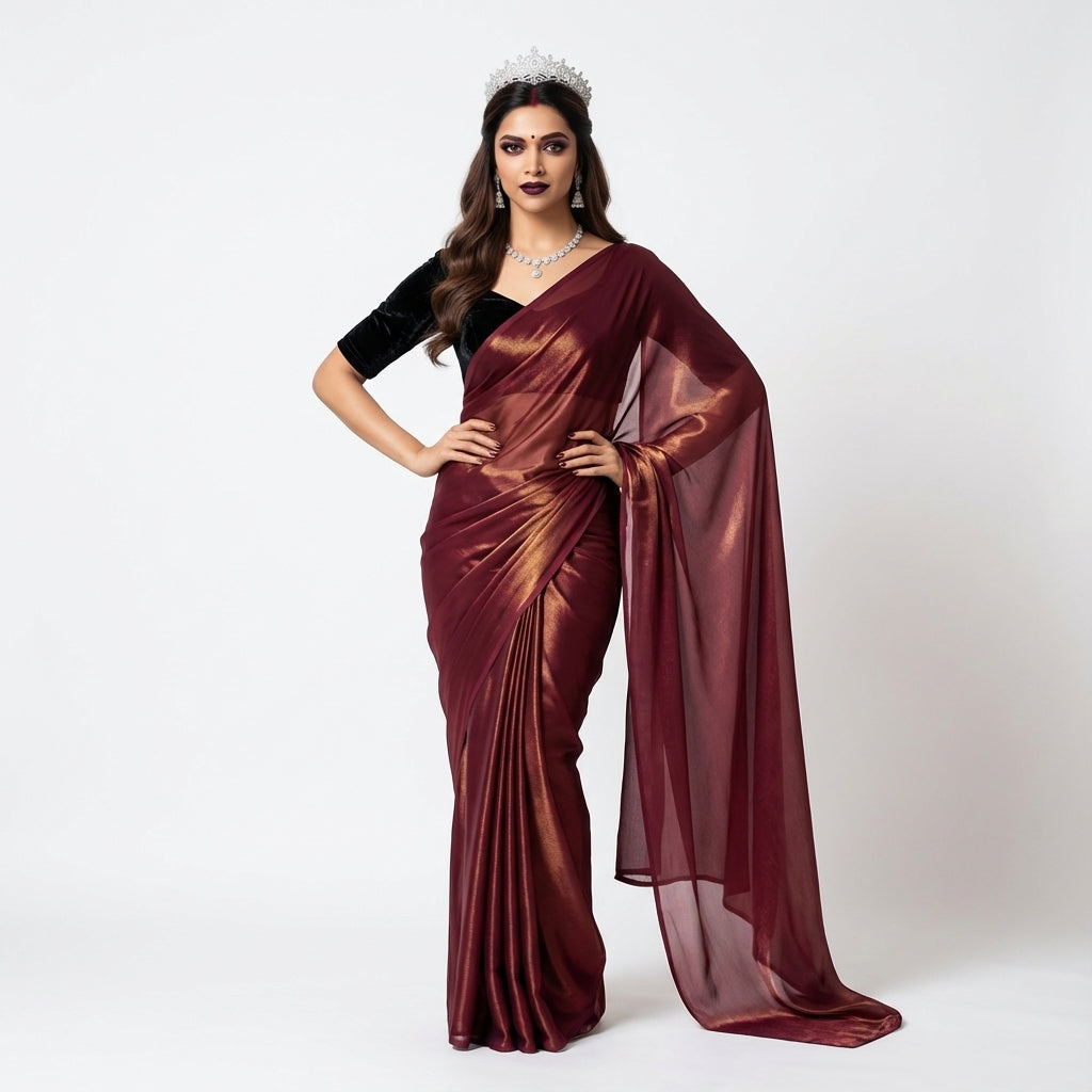 Classic maroon fandy saree styled with rich velvet blouse fabric