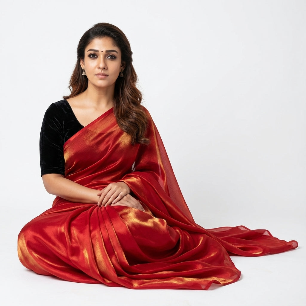 Bold red fandy saree paired with rich velvet blouse fabric
