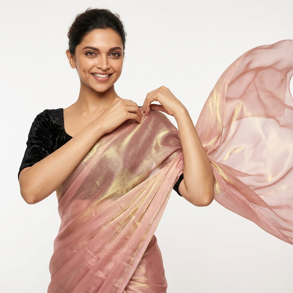 Baby peach pink fandy saree with velvet blouse