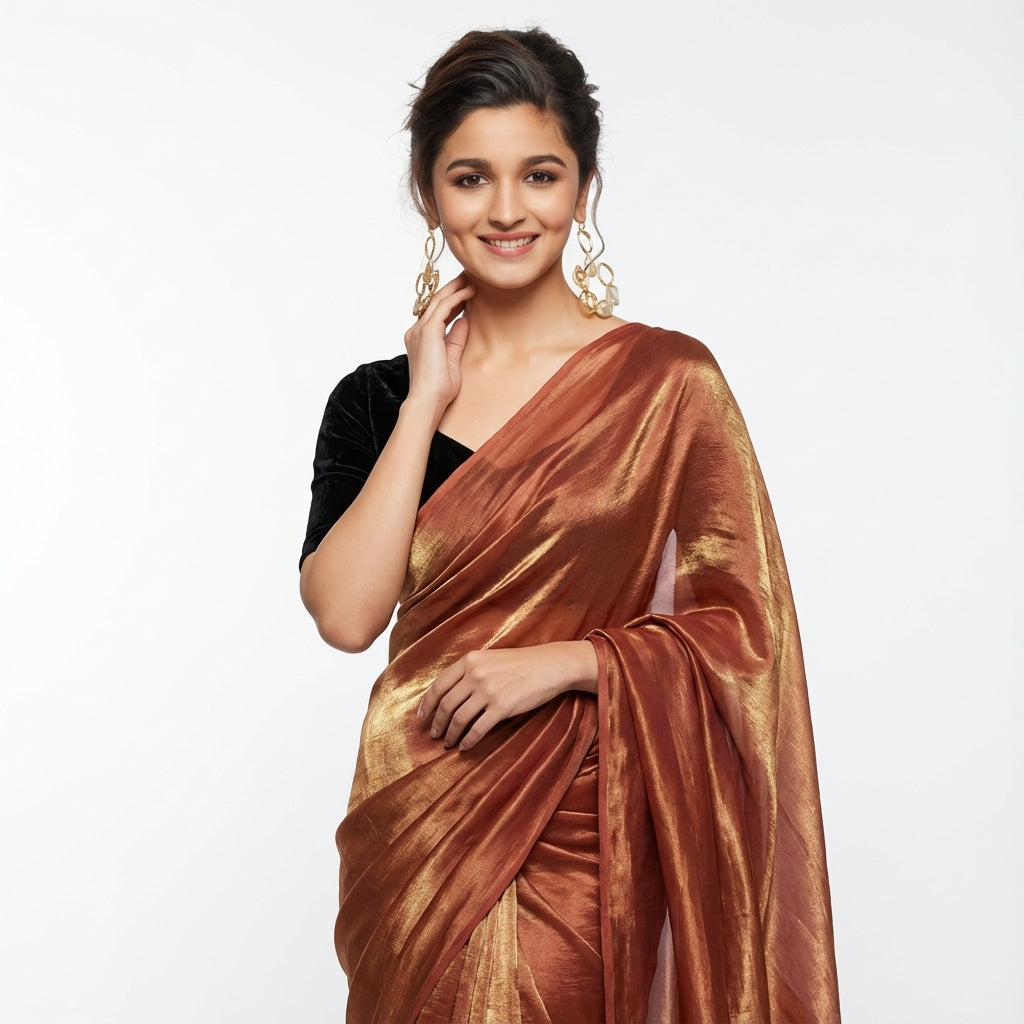 Rust brown fandy saree styled with velvet blouse for earthy ethnic look
