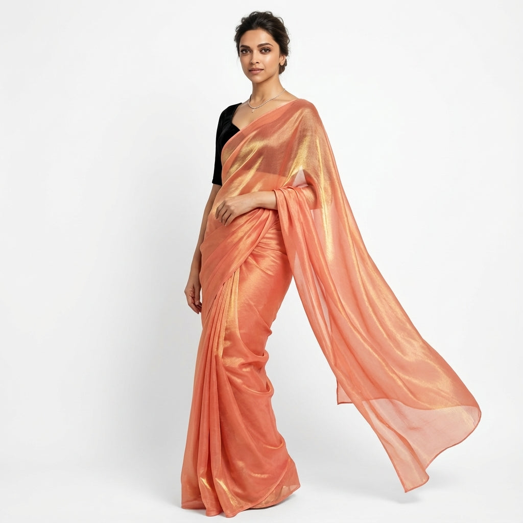 Rosy peach fandy saree with velvet blouse