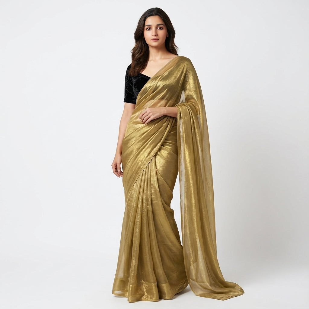 Bronze gold fandy saree paired with velvet blouse for festive ethnic styling